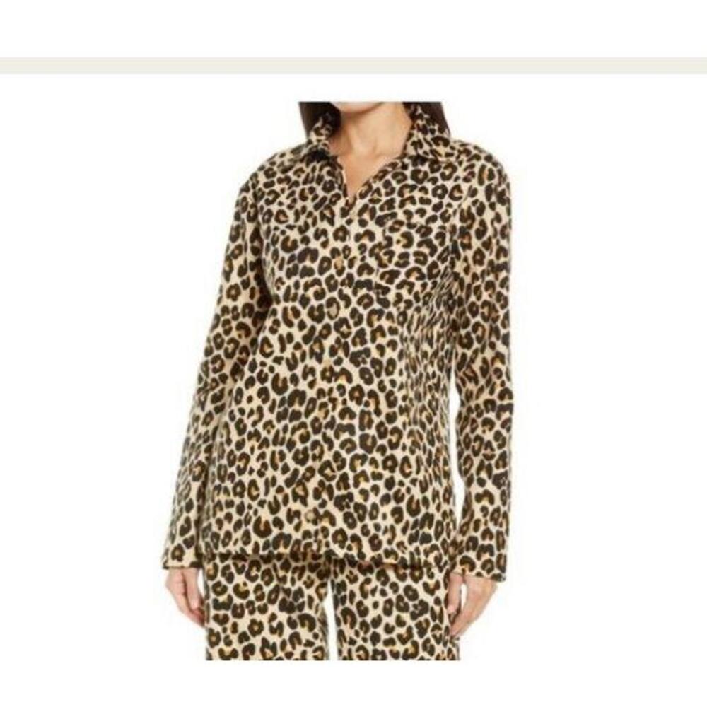 NEW Nordstrom Leopard Print Cotton Flannel Pajama Top Nightshirt Size Medium